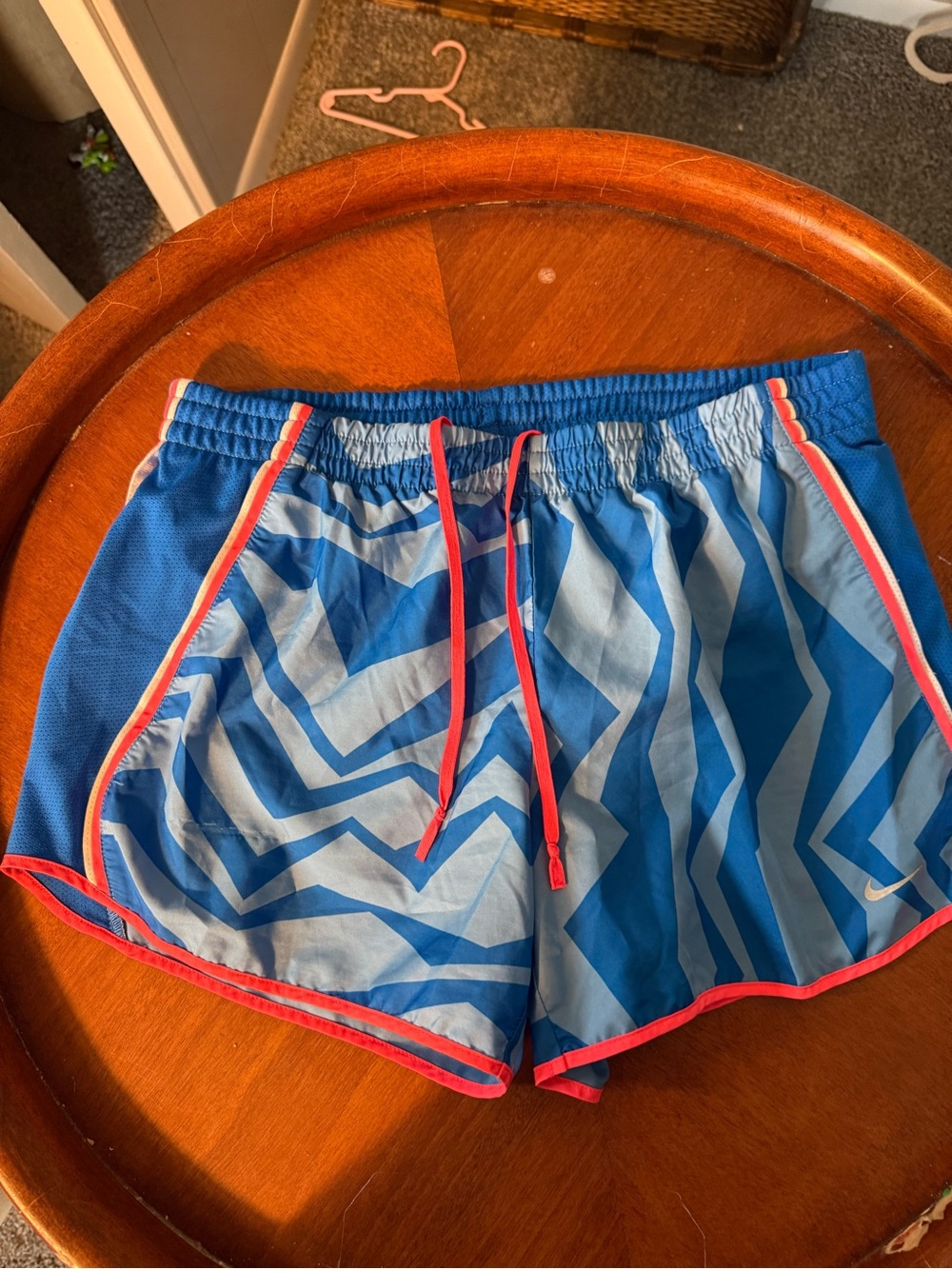 Nike Blue Geometric Athletic Shorts with Pink Trim
